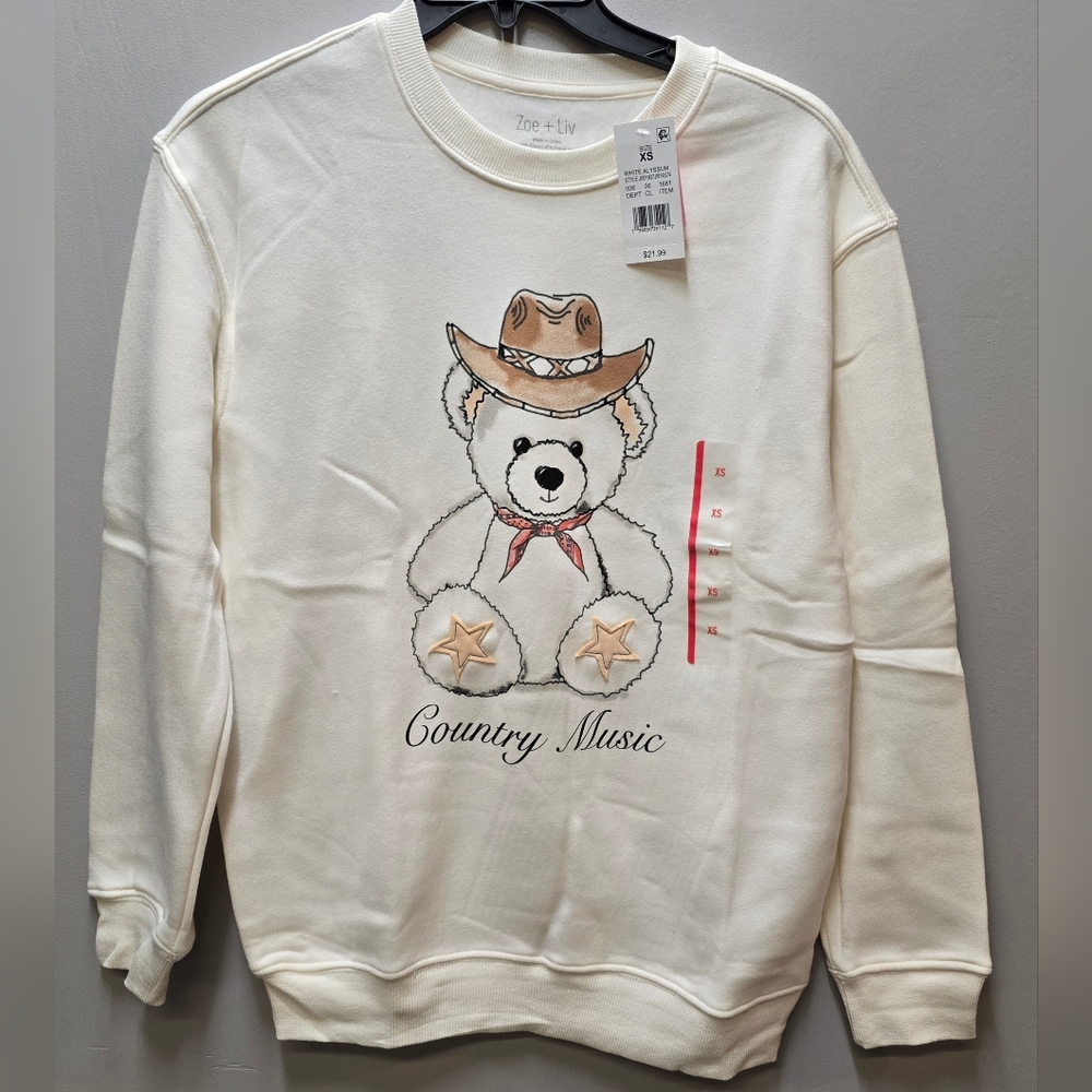 Zoe + Liv Country Music Teddy Bear Graphic Sweatshirt Womens XS Neutral